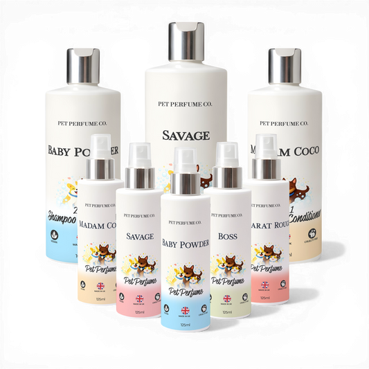 Furry Favourites dog perfume bundle with pet perfumes and dog shampoo